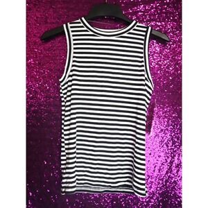 Black White Striped Tank Top Small Just Be Women Ribbed Sleeveless Shell